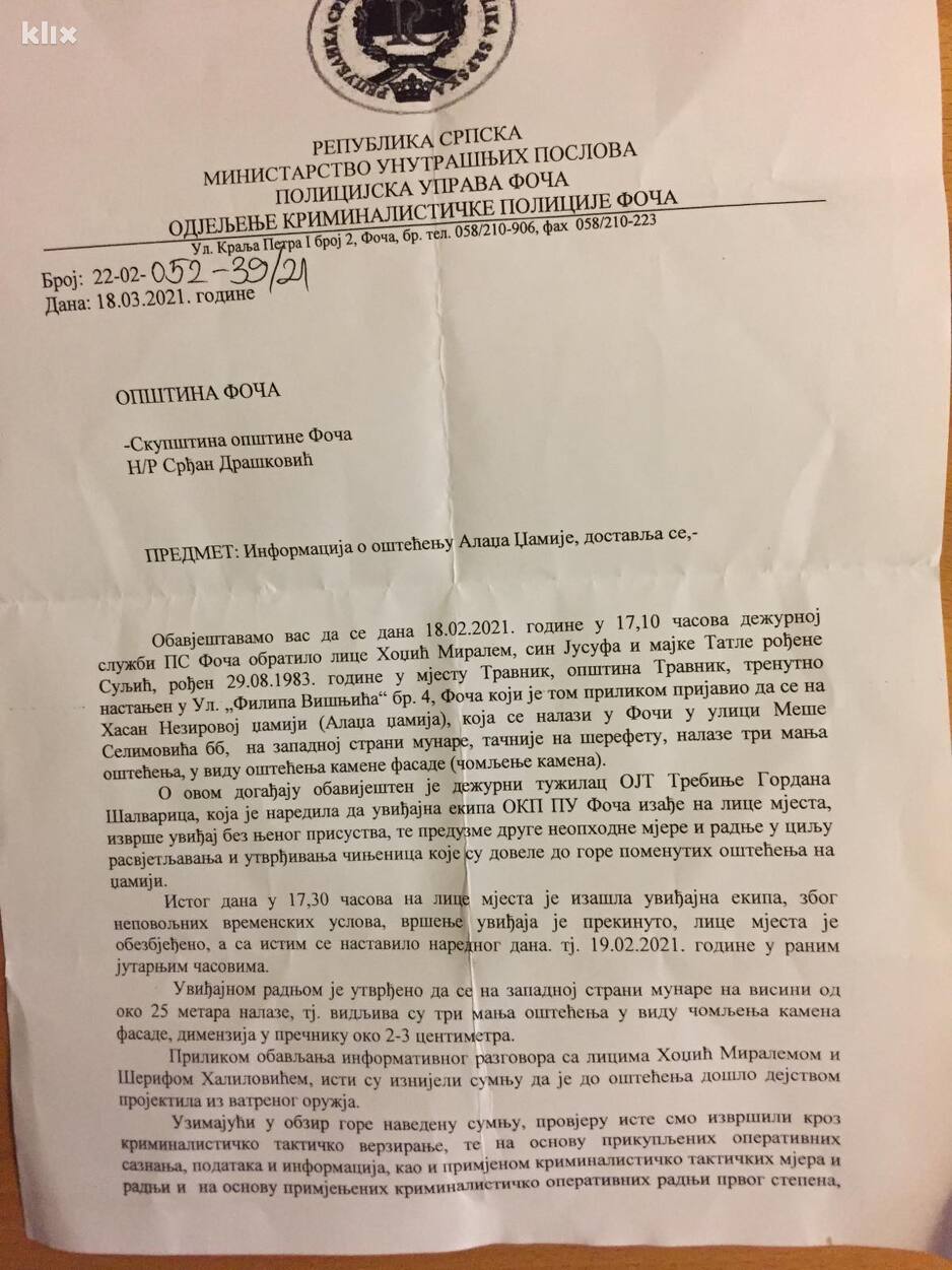 Policijski izvještaj o oštećenju Aladža džamije