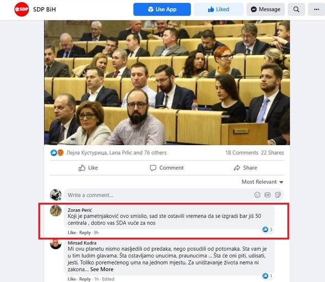 Komentar Perića na zvaničnoj Facebook stranici SDP-a