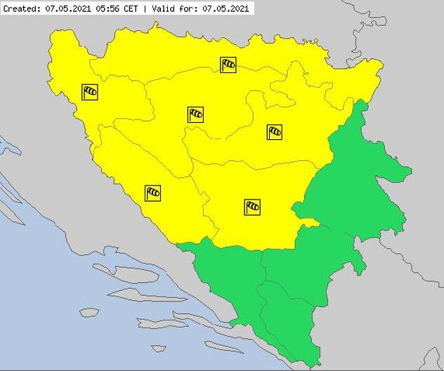 Područja u BiH u kojima se očekuju udari vjetra, Izvor: FHMZ