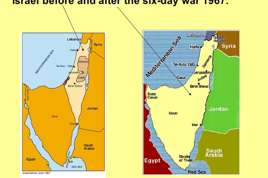 Teritorija Izraela nakon prije i nakon Šestodnevnog rata (Foto:Twitter)