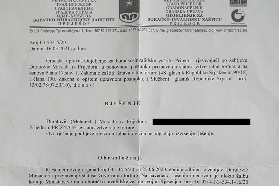 Rješenje kojim je priznat status (Foto: Klix.ba)