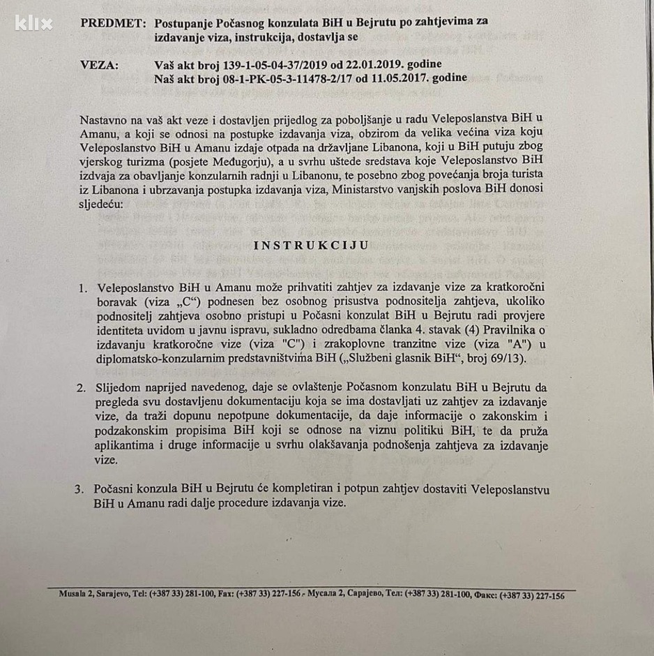 Instrukcija MVP-a Ambasadi Bosne i Hercegovine u Amanu