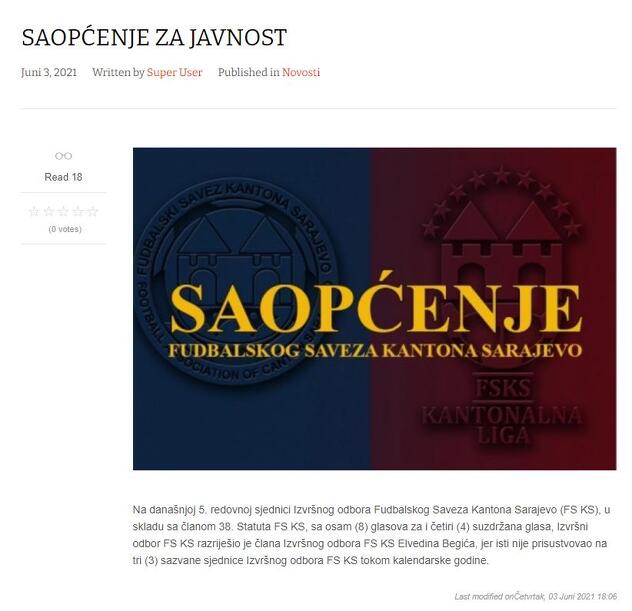 Saopćenje na zvaničnoj stranici Fudbalskog saveza Kantona Sarajevo