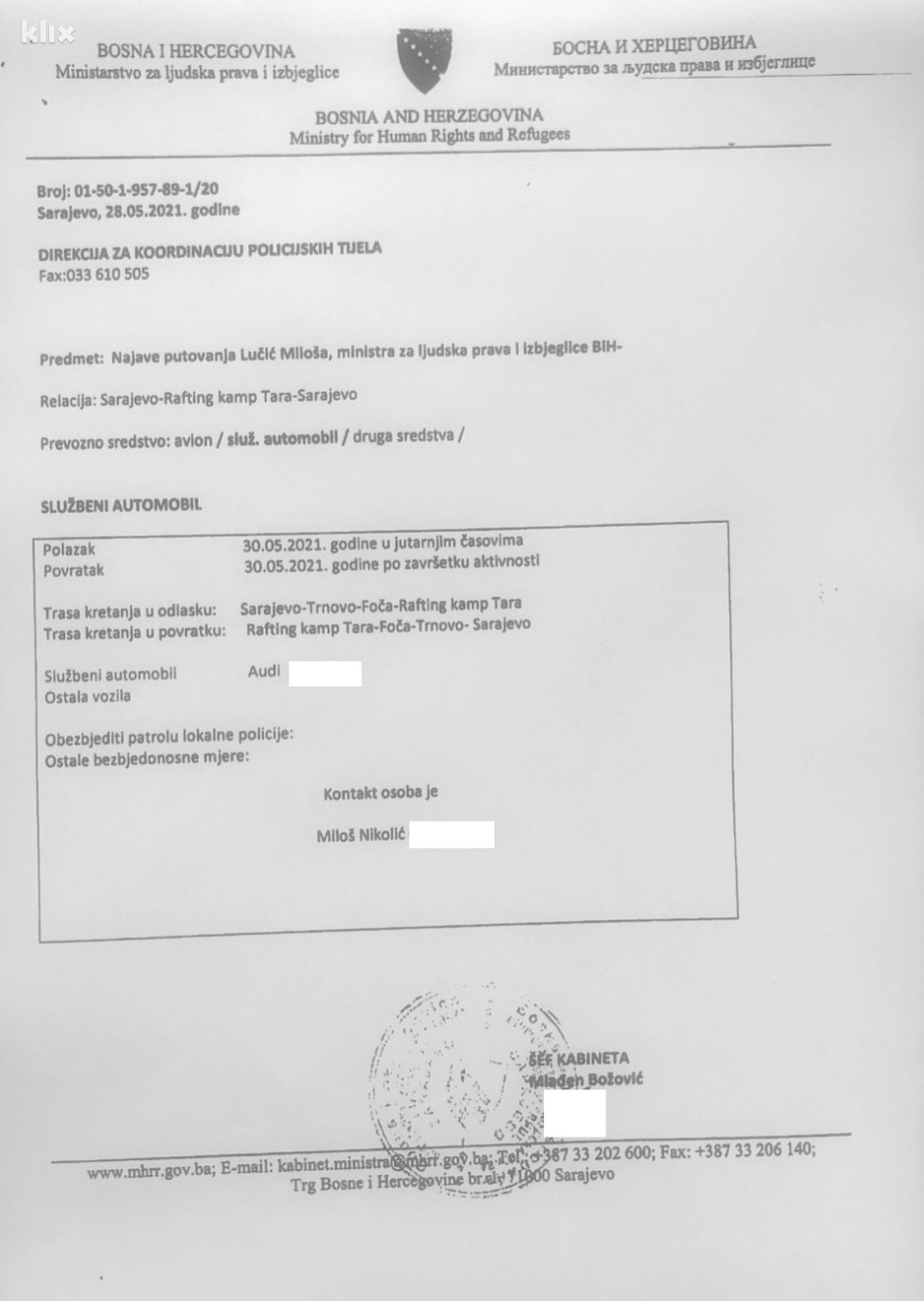 Najava putovanja iz Ministarstva za ljudska prava i izbjeglice (Foto: Klix.ba)