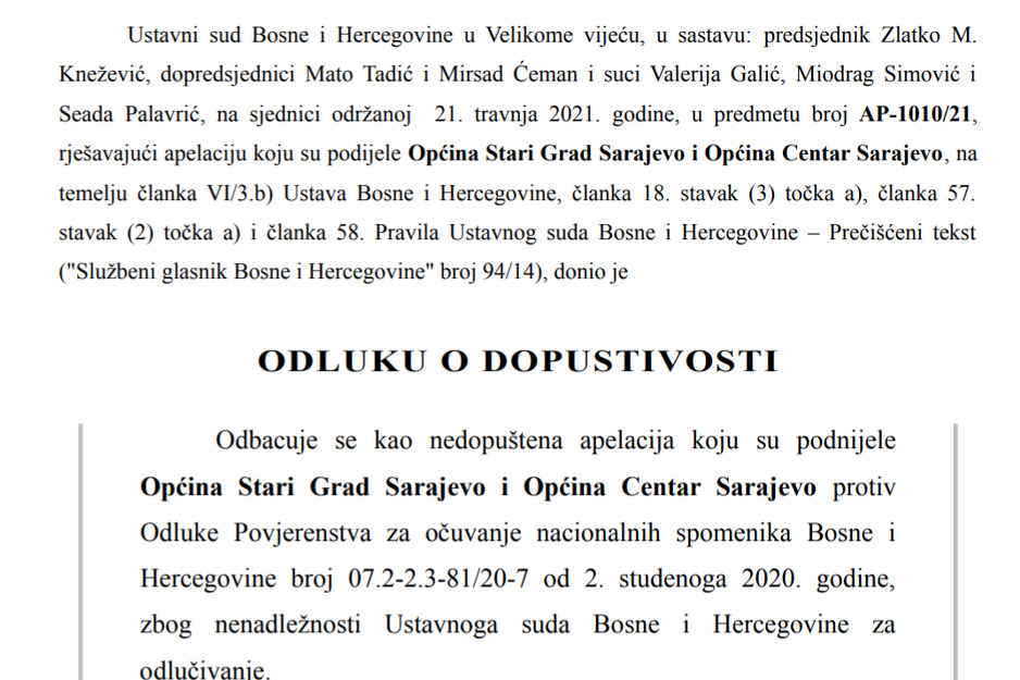 Odluka Ustavnog suda BiH (Foto: Screenshot)