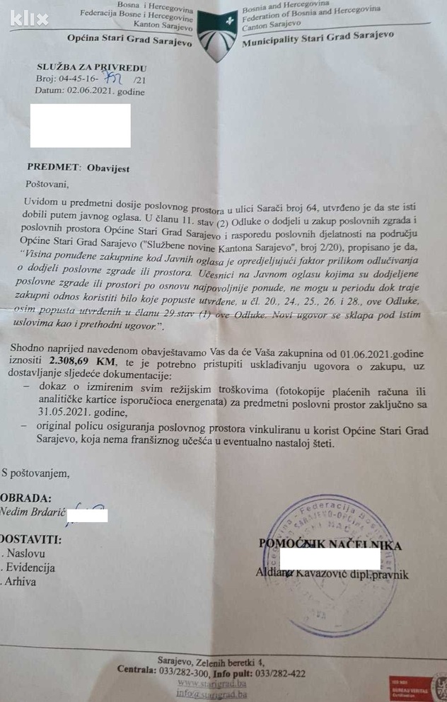 Rješenje koje je jedan od zakupaca dobio za povećanje kirije (Foto: Klix.ba)