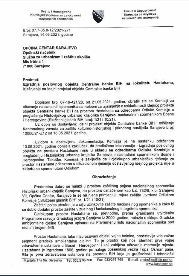 Odluka Komisije o zgradi Centralne banke BiH (Foto: Komisija za očuvanje nacionalnih spomenika BiH)