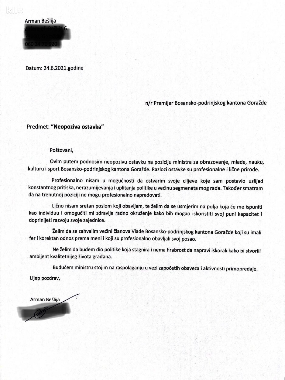 Ostavka na mjesto ministra obrazovanja u BPK Goražde