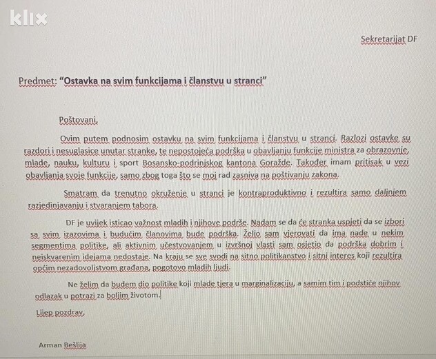Dopis o izlasku iz DF-a