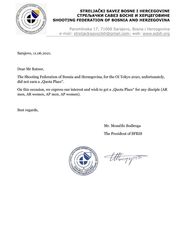 Dopis SS BiH prema ISSF-u