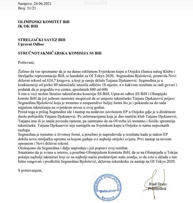 Dopis SK Sarajevo u kojem traže da Bjelošević kao državna rekorderka predstavlja BiH