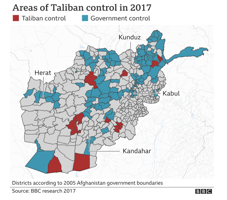 Područja pod kontrolom Afganistana 2017. godine (Foto:BBC)