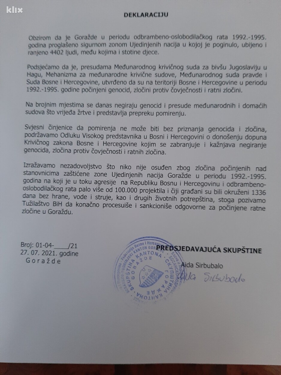 Deklaracija koju su usvojili zastupnici Skupštine BPK (Foto: Klix.ba)