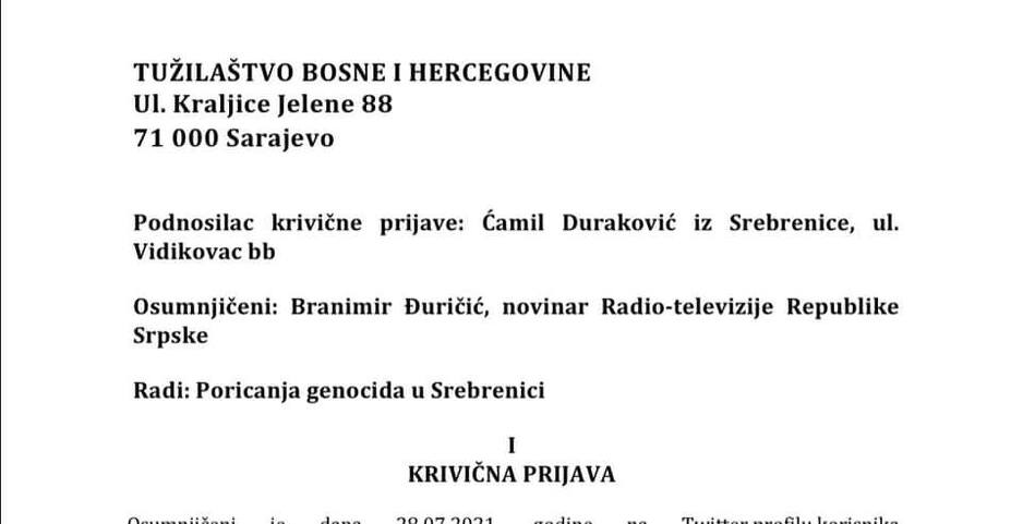 Krivična prijava koju je podnio Ćamil Duraković državnom tužilaštvu