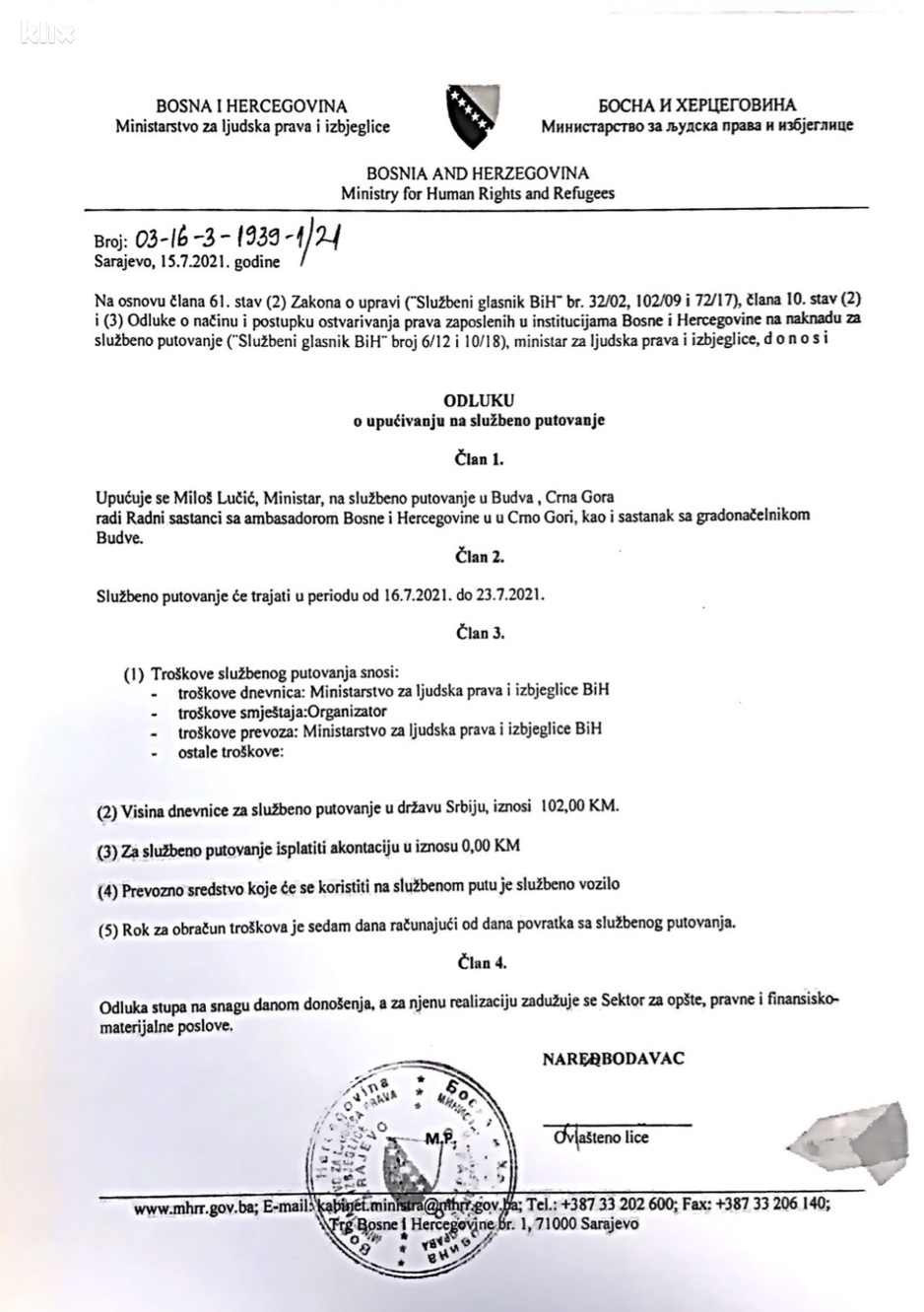 Odluka o službenom putovanju (Foto: Klix.ba)