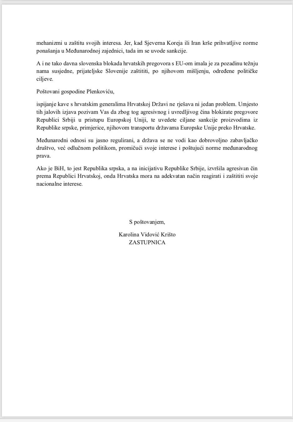 Cjelovito pismo zastupnice Andreju Plenkoviću