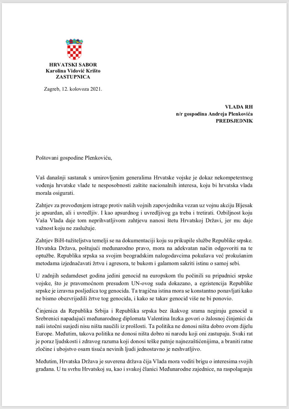 Cjelovito pismo zastupnice Andreju Plenkoviću