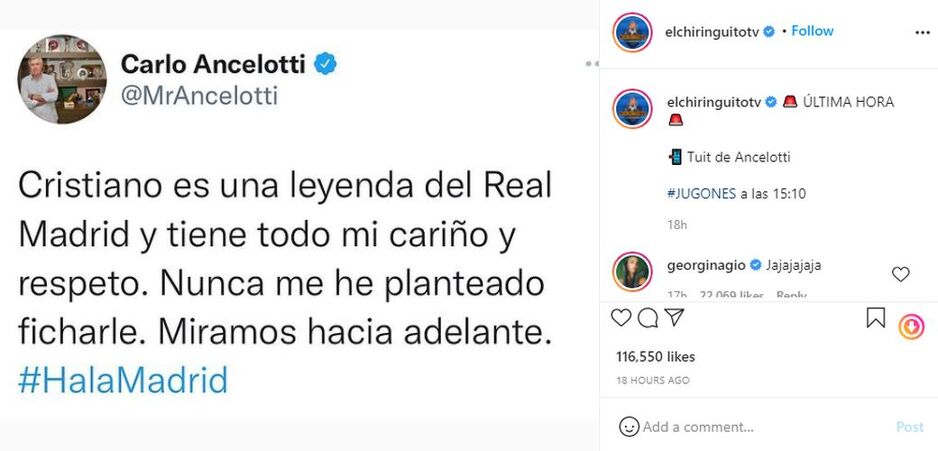 Status Ancelottija objavljen na Twitteru i komentar Georgine Rodriguez (Foto: Screenshot)