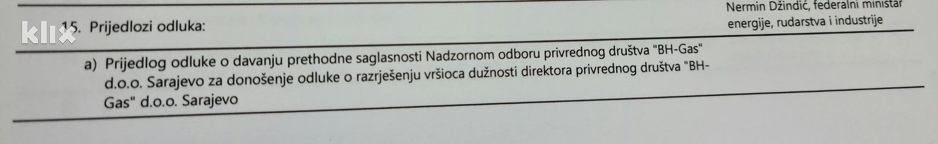 Dio dnevnog reda 277. sjednice Vlade FBiH (tačka 15.)