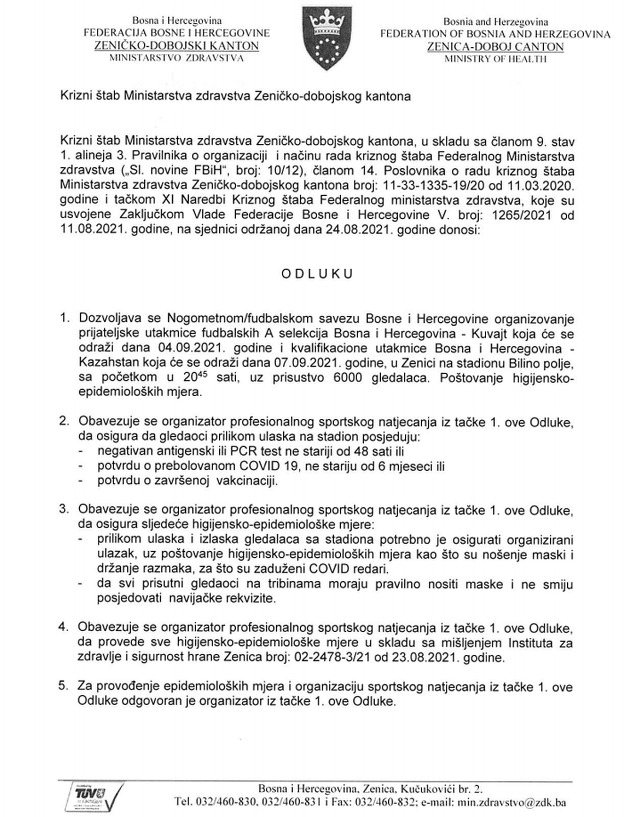 Odluka Kriznog štaba Ministarstva zdravstva ZDK
