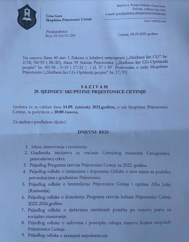 Dio dnevnog reda Skupštine prijestolnice Cetinje