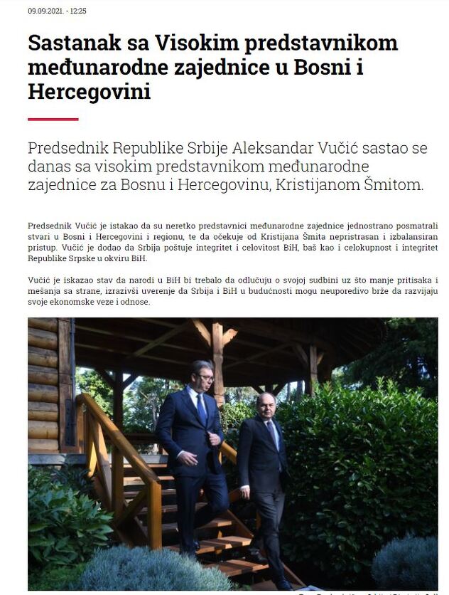 Saopćenje na zvaničnoj stranici predsjednika Srbije