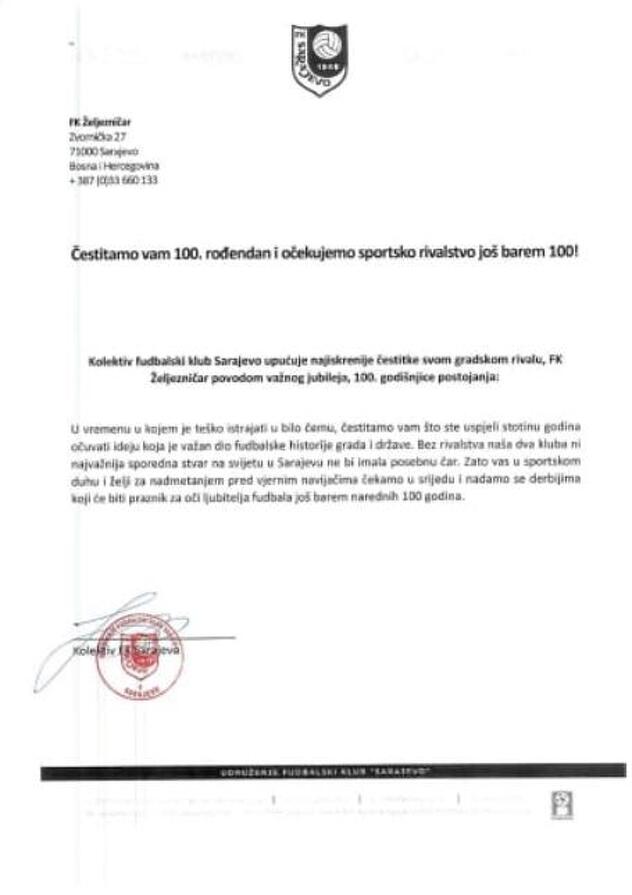 Čestitka FK Sarajevo