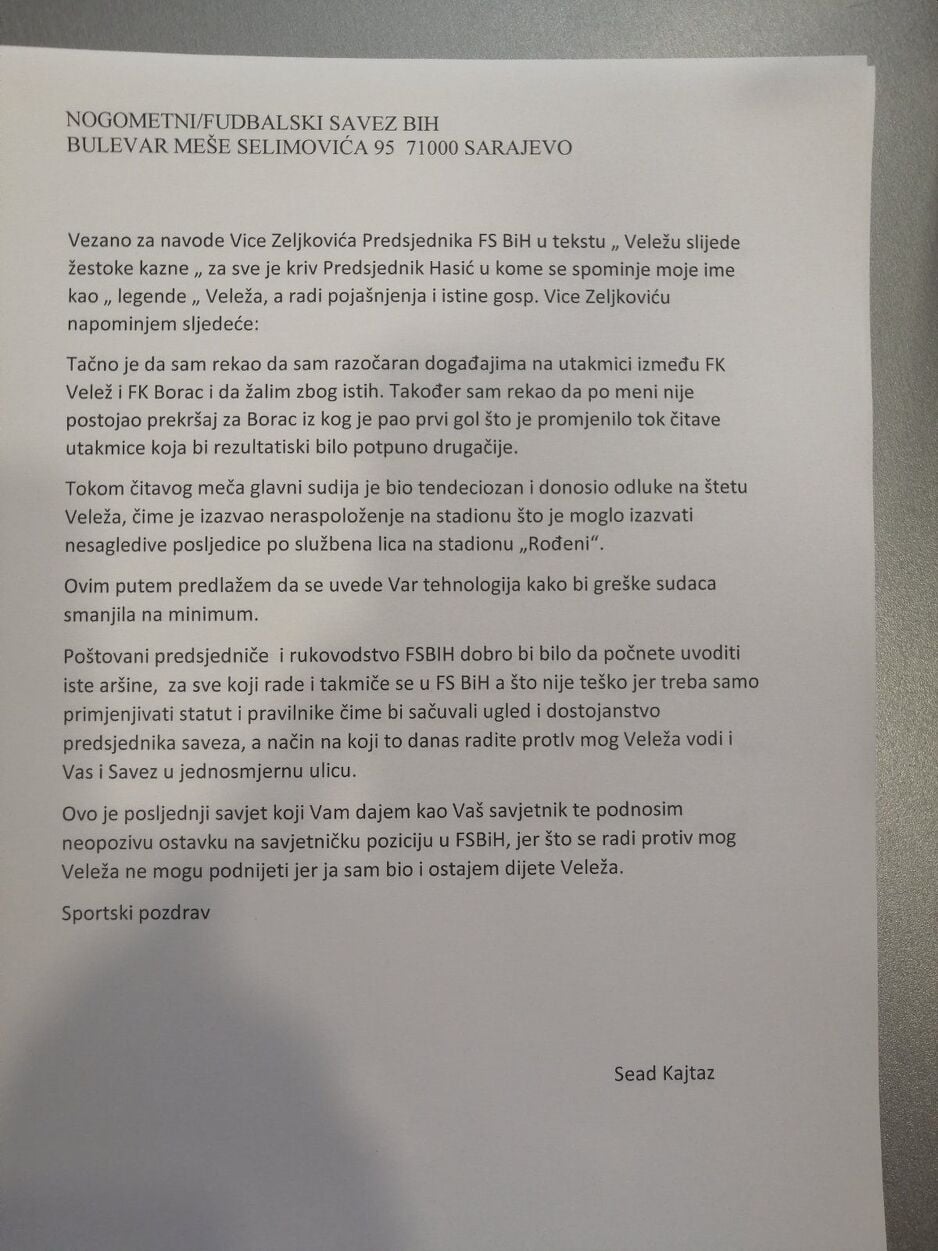 Pismo koje je Kajtaz uputio Zeljkoviću