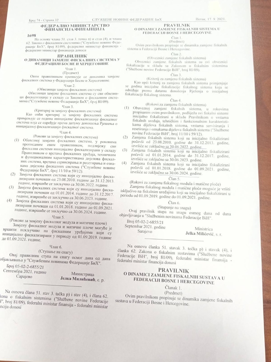 Dinamika zamjene fiskalnih kasa