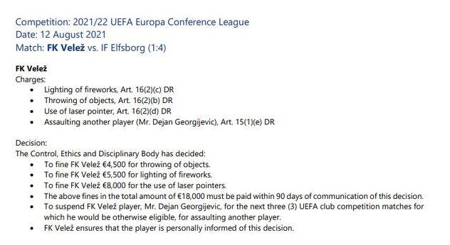 Obrazloženje UEFA-e za kaznu Veležu (Foto: UEFA)