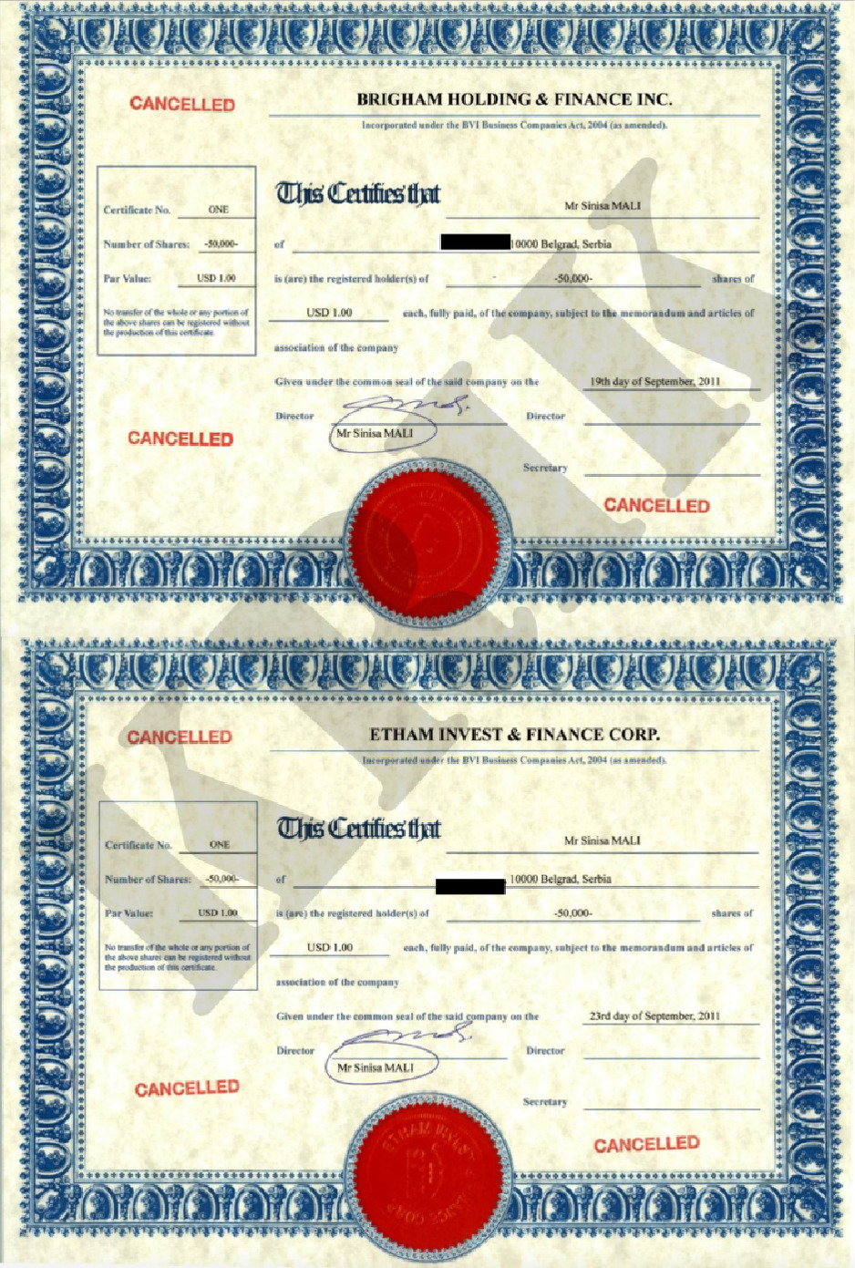 Certifikat o vlasništvu ofshore kompanije (Foto: KRIK)