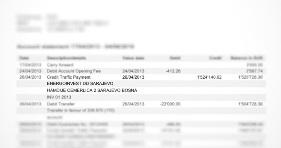 Bankovni izvadak koji prikazuje uplatu od Energoinvesta (Foto:BIRN)