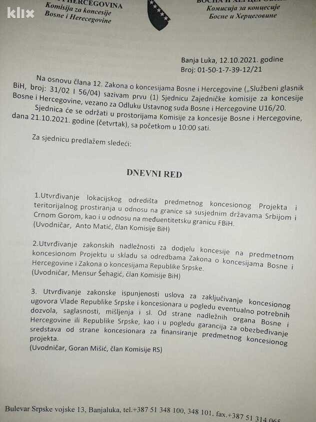 Dnevni red sjednice Komisije za koncesije BiH (Foto: Klix.ba)