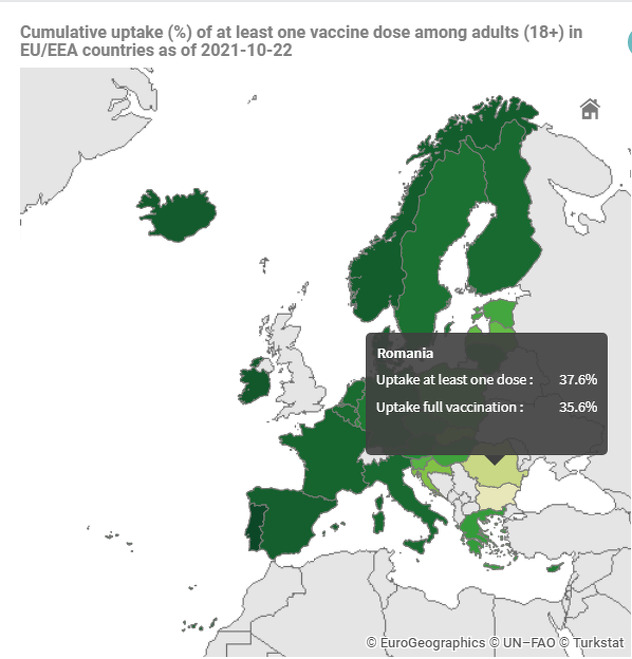 Procenat vakcinisanih građana Rumunije (Foto:ECDC)