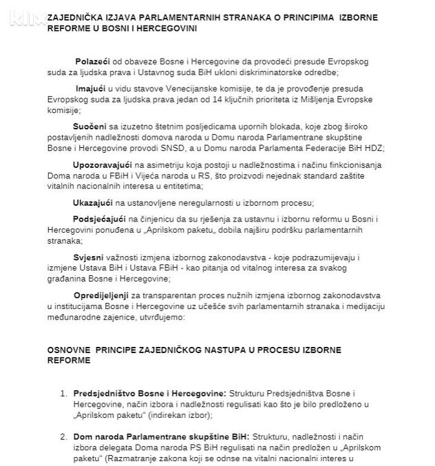 Zajednička izjava probosanskih parlamentarnih stranaka o izbornim reformama BiH
