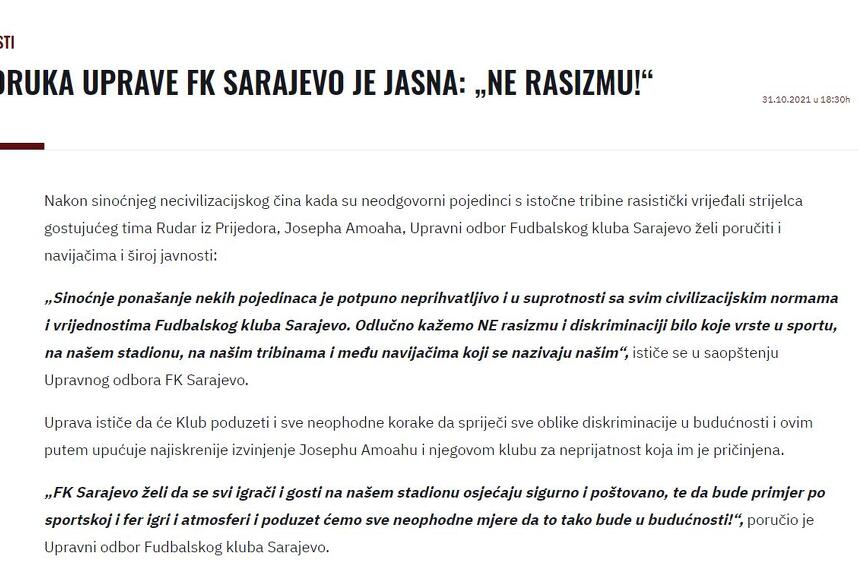 Saopćenje FK Sarajevo na zvaničnoj stranici kluba