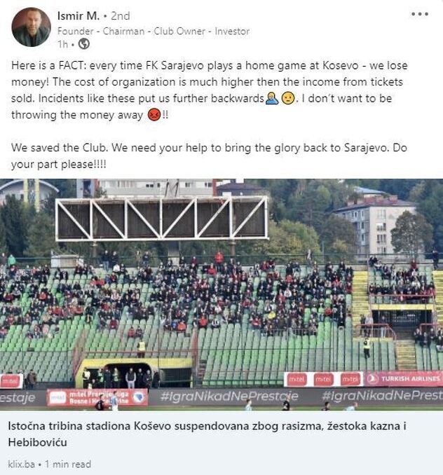 Objava Mirvića na Linkedinu