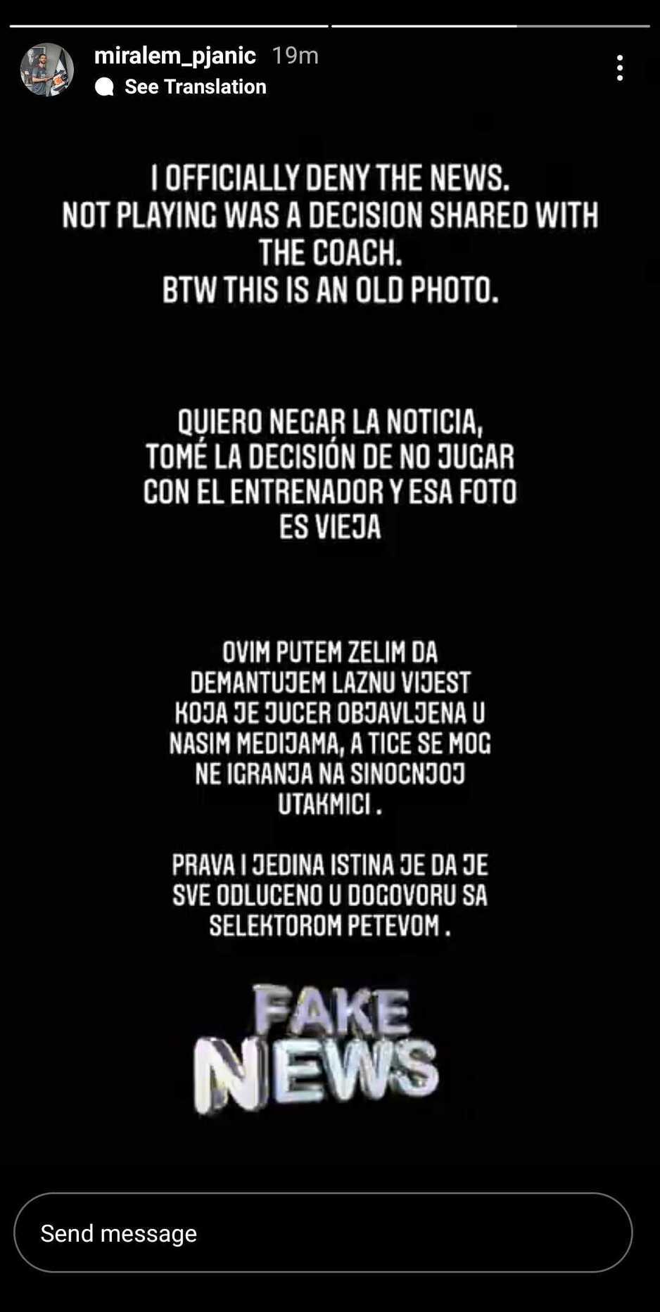 Objava Miralema Pjanića na društvenoj mreži Instagram