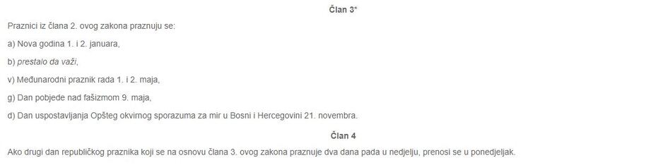 Član Zakona koji propisuje kada se slave neradni dani u RS