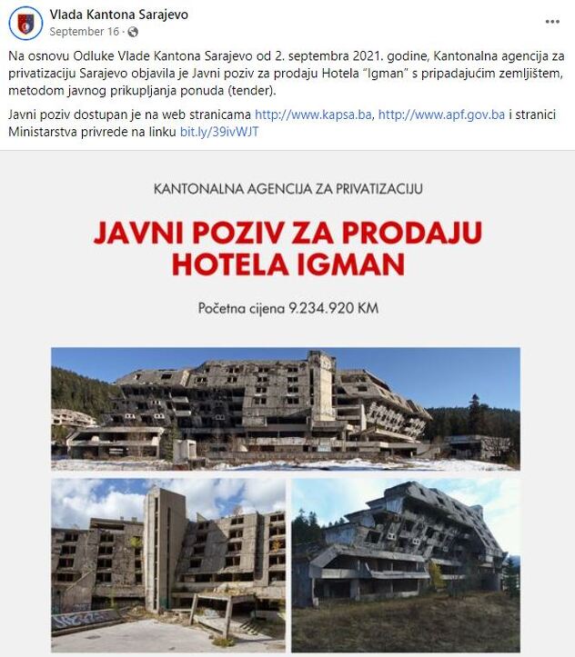 Objava Vlade Kantona Sarajevo o prodaji hotela iz septembra ove godine