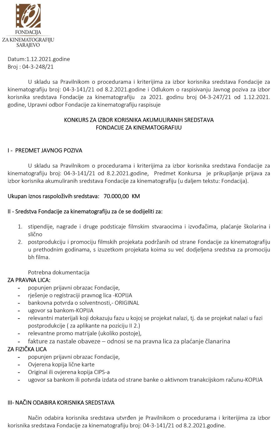 onkurs za izbor korisnika akumuliranih sredstava Fondacije za kinematografiju (Foto: Screenshot)