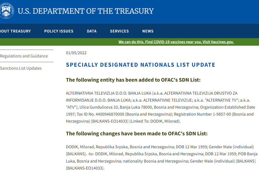 Lista sankcionisanih objavljena na stranici Ministarstva finansija SAD-a (Foto: Screenshot)