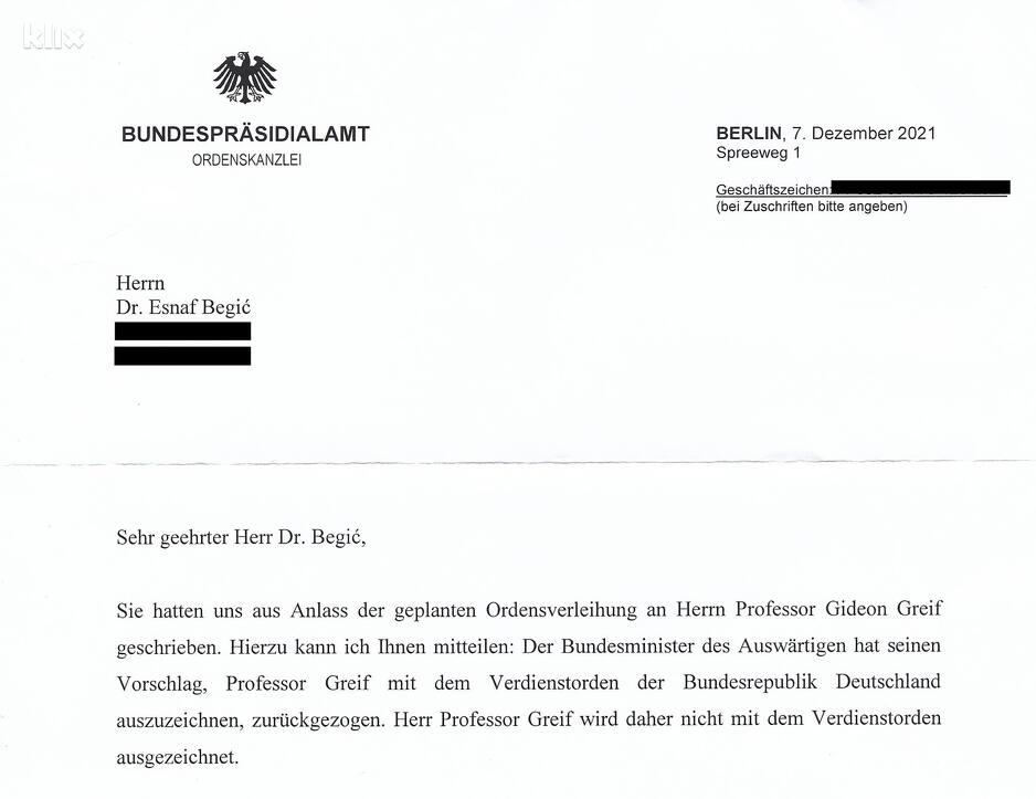 Pismo iz ureda njemačkog predsjednika
