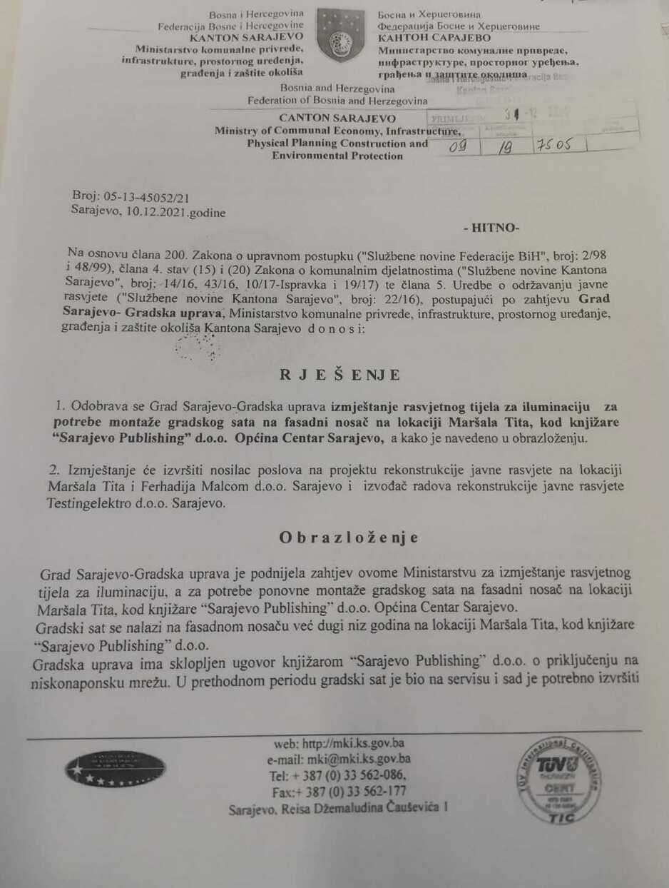 Rješenje Ministarstva komunalne privrde, infrastrukture, prostornog uređenja, građenja i zaštite okoliša