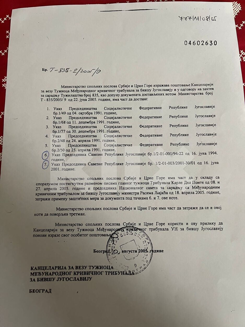 Korespondencija Srbije i Crne Gore i Haškog suda (Foto: Klix.ba)