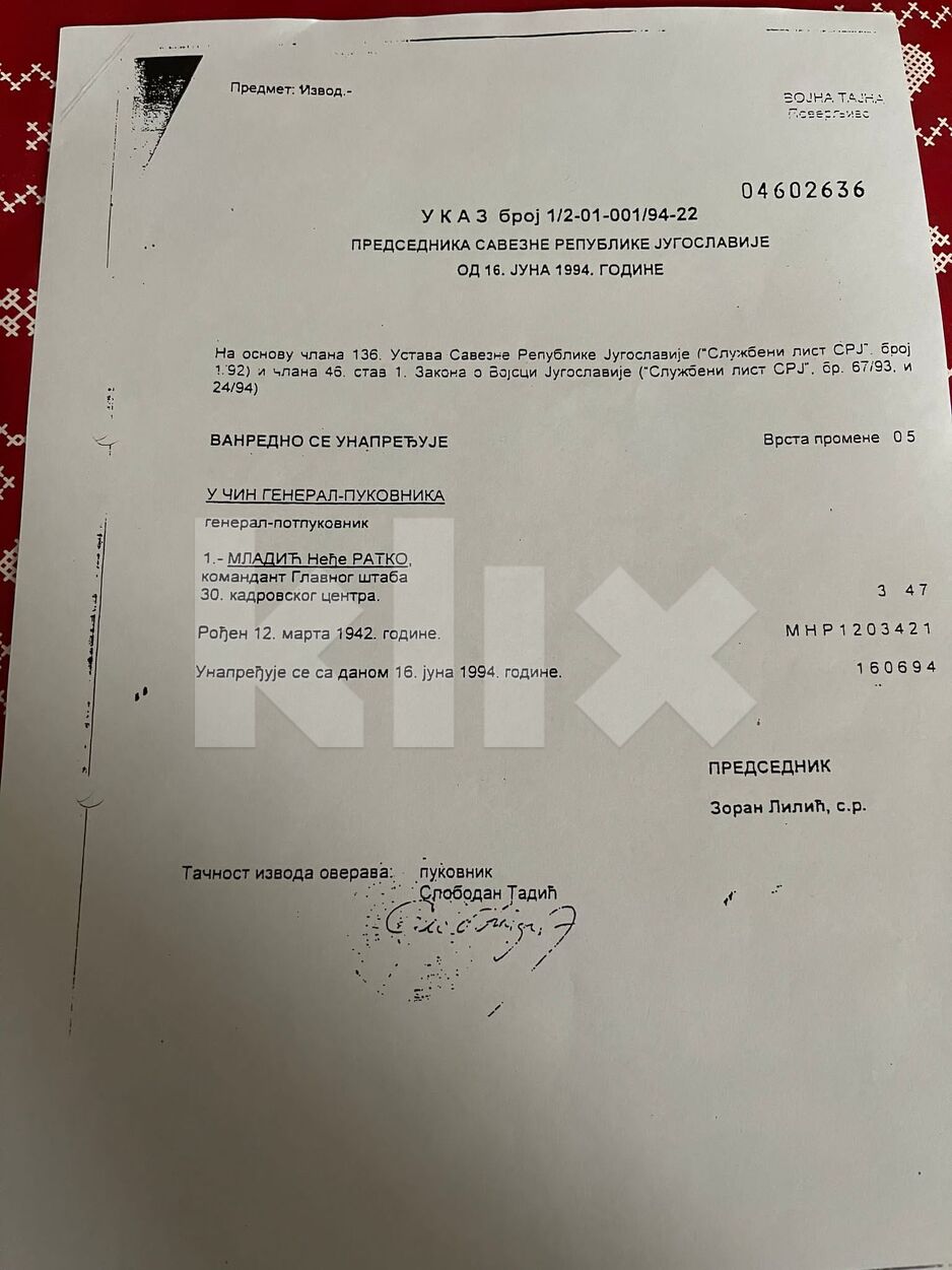 Ukaz o unapređenju osuđenog ratnog zločinca Ratka Mladića (Foto: Klix.ba)