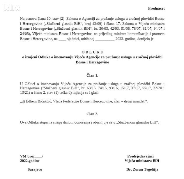 Nacrt odluke o imenovanju Edhema Bičakčića u BHANSA-i (Foto: Klix.ba)