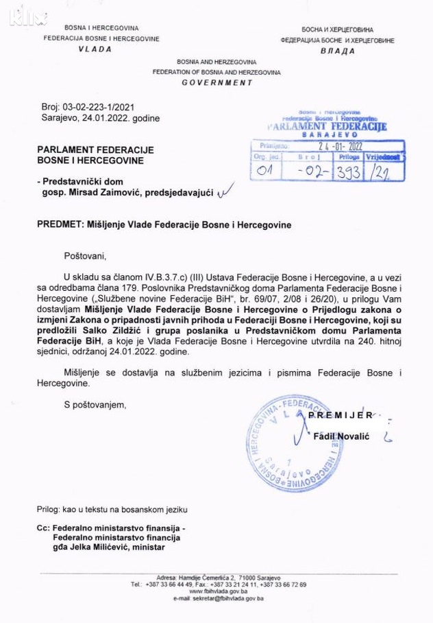 Mišljenje Vlade FBiH (Foto: Klix.ba)