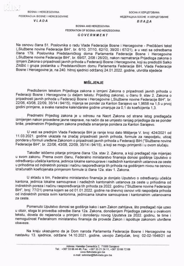 Mišljenje Vlade FBiH (Foto: Klix.ba)