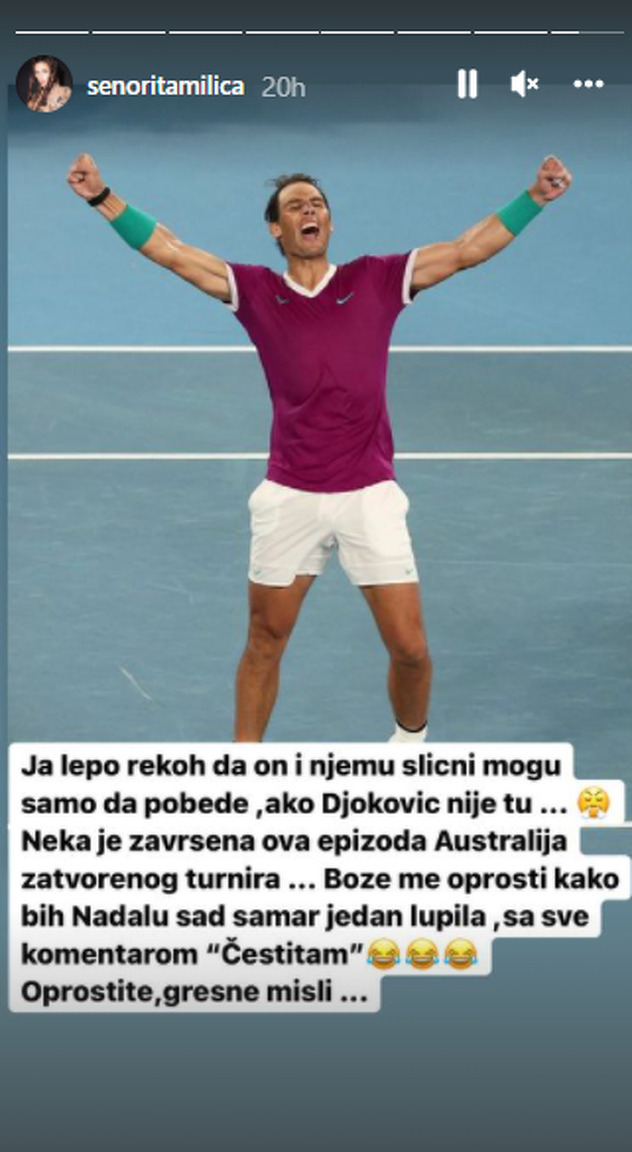 Milica Pavlović izrazila nezadovoljstvo Nadalovom pobjedom (Foto: Instagram)
